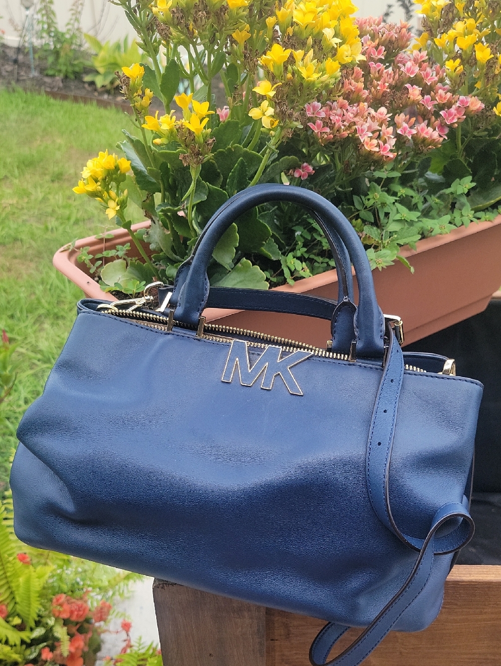 Michael Kors Navy Blue Leather Satchel with MK Logo